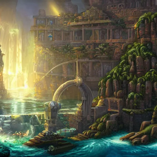 Image similar to the lost city of Atlantis, ultra high detail, dramatic lighting, hyper realistic, in the style of tyler edlin