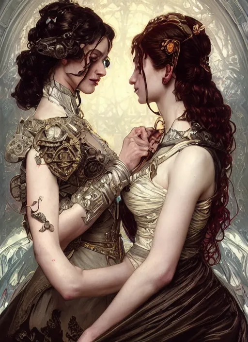 Prompt: portrait of two beautiful pale gothic maidens kissing, warhammer 40000, cyberpunk, intricate, elegant, highly detailed, digital painting, artstation, concept art, smooth, sharp focus, illustration, art by artgerm and greg rutkowski and alphonse mucha and Gustav Klimt