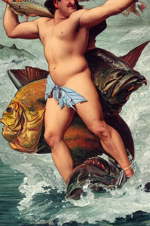 Prompt: High detailed painting of James Gandolfini as Neptune riding a giant fish by J. C. Leyendecker