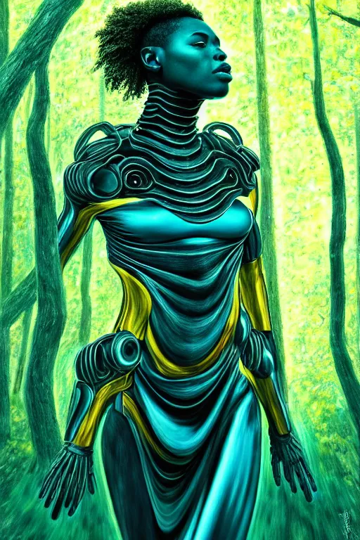 Image similar to hyperrealistic avant garde cinematic super expressive! black woman with exoskeleton armor, merging with tree in a forest, highly detailed digital art masterpiece, smooth cam de leon eric zener dramatic pearlescent soft teal yellow light, ground angle hd 8 k, sharp focus