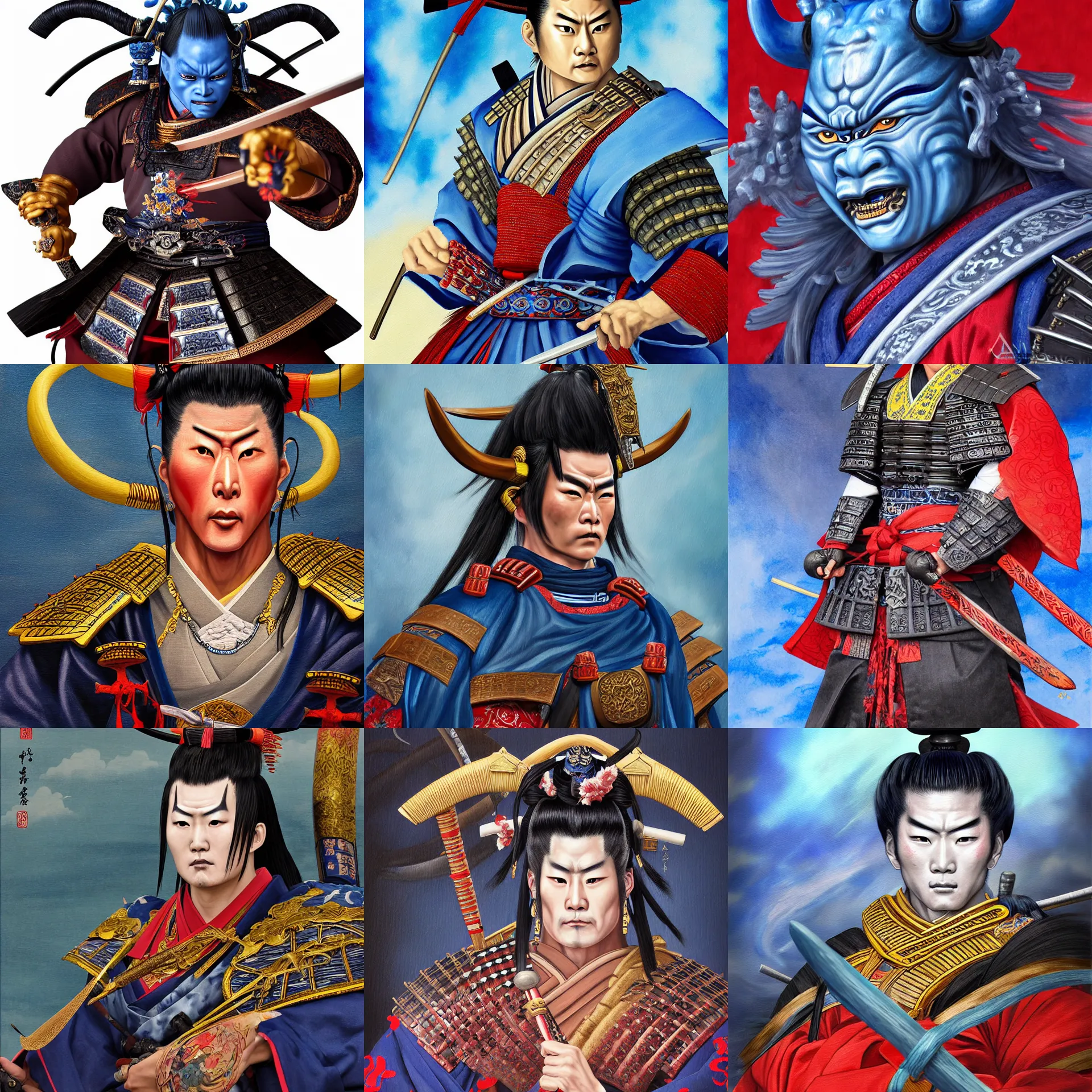 Prompt: a painting of a tokugawa era samurai but a blue oni demon 鬼 👹 official portrait highly detailed, 4 k, hdr, smooth, sharp focus, high resolution, award - winning photo, illustrated by anne stokes, photorealistic horns