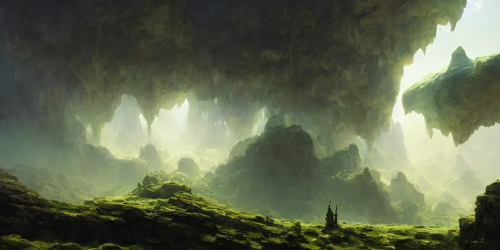 Prompt: bytopia planescape huge cave ceiling clouds made of green earth towns, villages castles, buildings inverted upsidedown mountain artstation illustration sharp focus sunlit vista painted by ruan jia raymond swanland lawrence alma tadema zdzislaw beksinski norman rockwell tom lovell alex malveda greg staples