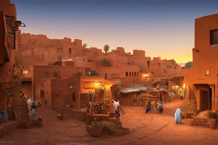 Image similar to in the middle of a adobe house kasbah town, mud and brick houses, merchant street, pueblo architecture, colorful crowd, festival. Scenic view at night, underexposed, clean horizon, matte painting by raphael lacoste and marc simonetti and craig mullins and Anato_Finnstark, trending on artstation, 4k, intricate details