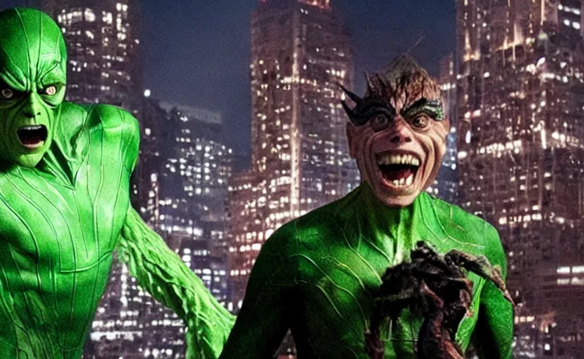 Prompt: steve buscemi as the green goblin, movie still from spiderman film, hdr, epic composition