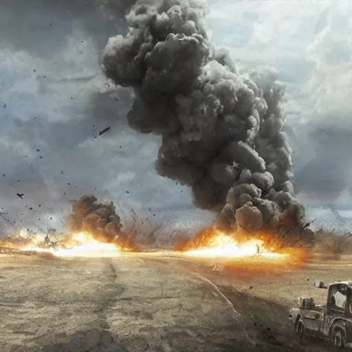 Image similar to hyper realism, realistic apocalyptic war scene, explosions