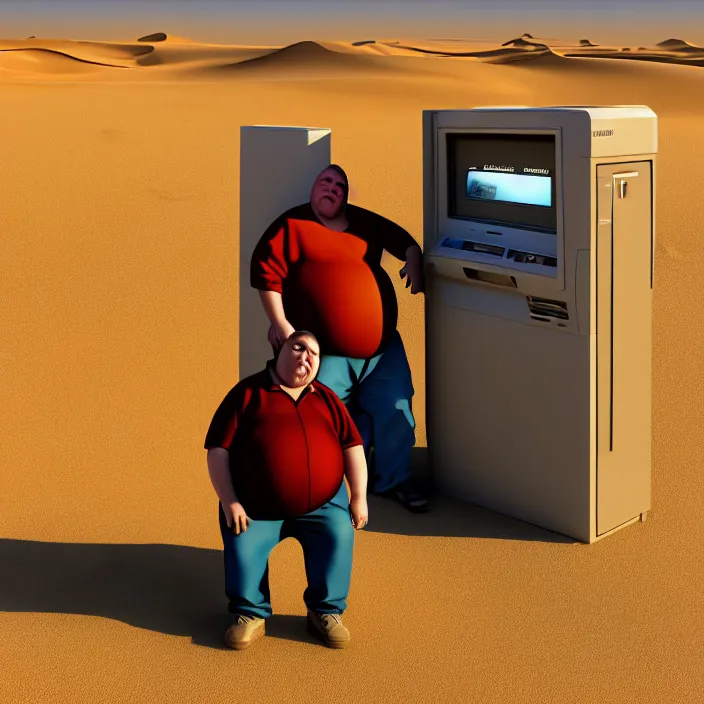 Image similar to hyperrealistic mixed media portrait of a moridly obese man using an ATM machine in the middle of a barren desert wasteland, despair, depressing and hopeless vibe, stunning 3d render inspired art by P. Craig Russell and Barry Windsor-Smith + perfect facial symmetry + dim volumetric lighting, 8k octane beautifully detailed render, post-processing, extremely hyperdetailed, epic composition, grim yet sparkling atmosphere, cinematic lighting + masterpiece, trending on artstation