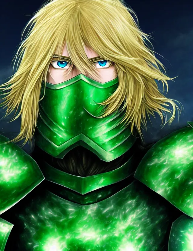 Image similar to a detailed manga portrait of a long haired blonde man with blue eyes in green armour glowing with green energy, trending on artstation, digital art, 4 k resolution, detailed, high quality, sharp focus, hq artwork, coherent, insane detail, character portrait