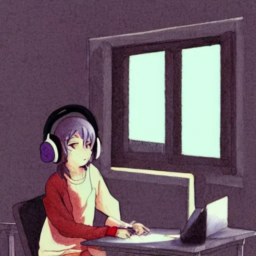 Image similar to anime girl wearing headphones sits at a desk in her bedroom studying, beautiful light thorough window in the style of lofi hiphop in pencil and watercolor by glen keane