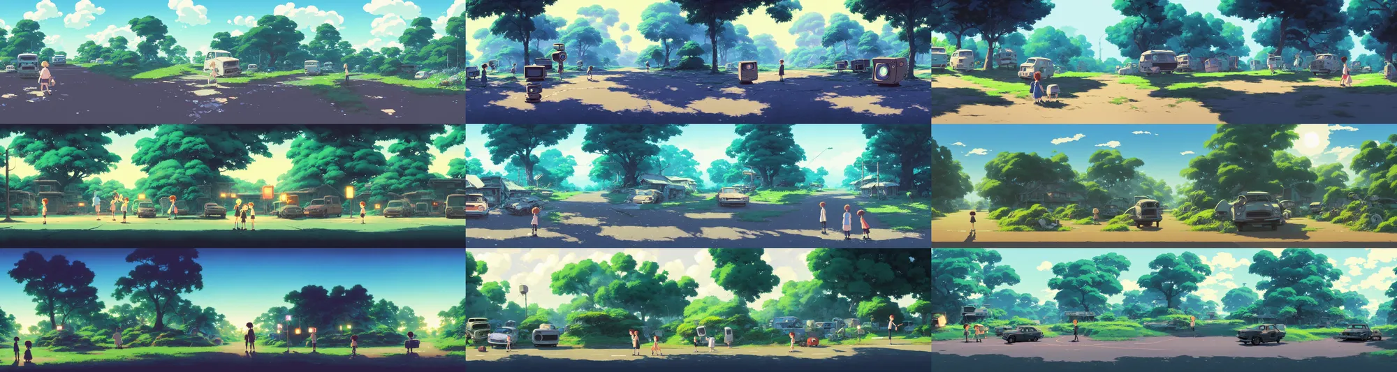 Prompt: a wholesome animation key shot of a broken crt tv sets on side of the road, panorama, studio ghibli, pixar and disney animation, sharp, rendered in gouache painting, anime gouache key art by greg rutkowski, bloom, dramatic, dynamic lighting