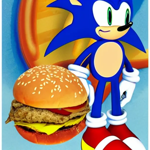 Prompt: sonic and a hamburger in space