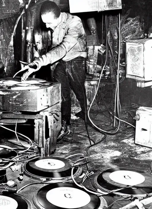 Prompt: old photo of a coal miner dj behind turntables on a disco floor