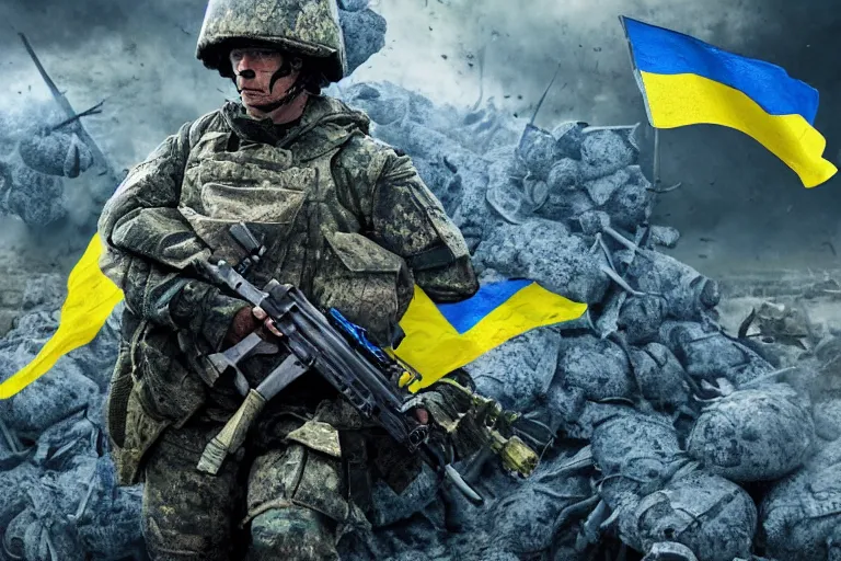 Image similar to promotional illustration of Ukrainian fully equiped soldier with blue and yellow flag standing on a pile of skulls in victory after battle in the new movie directed by <Michael Bay>, <fully equiped professional soldiers>, detailed face, movie still frame, promotional image, imax 70 mm footage