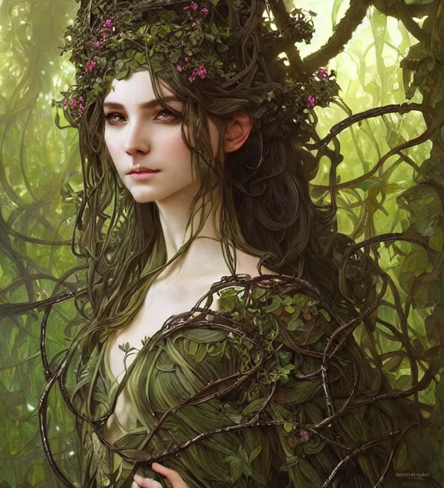 Prompt: a beautiful elven druid, clad in vines, intricate, sharp focus, defined face, tronie portrait, well drawn eyes, illustration, highly detailed, digital painting, concept art, matte, art by wlop and artgerm and greg rutkowski and alphonse mucha, masterpiece