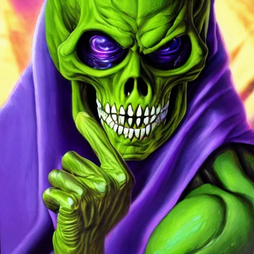 Image similar to ultra realistic portrait painting of skeletor as piccolo, art by akira toriyama, 4 k, ultra realistic, highly detailed, epic lighting