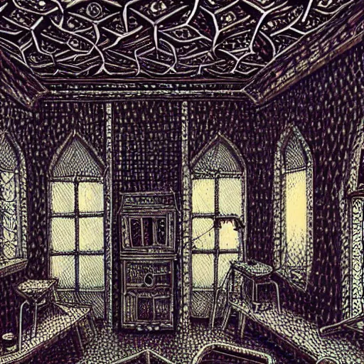 Prompt: interior of a vampire's house in the style of kinetic pointillism, intricate hyper detailed, hd