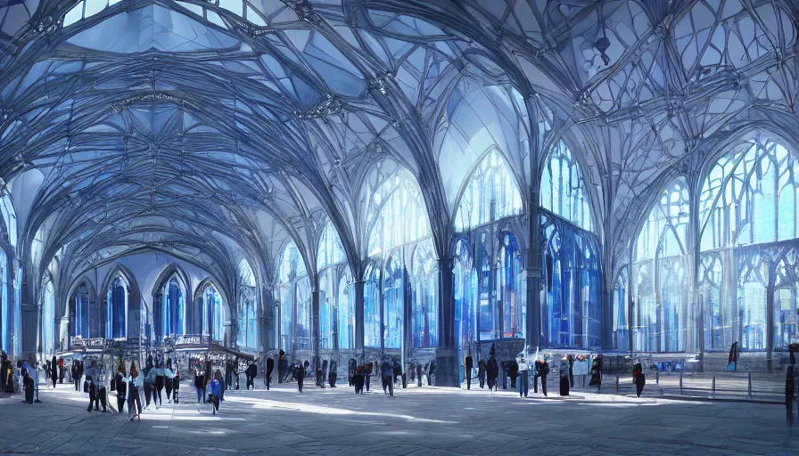 Image similar to futuristic neo - gothic london's church train station with blue windows and giant white dome on top, day, hyperdetailed, artstation, cgsociety, 8 k