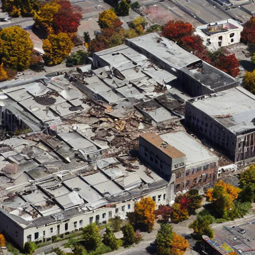 Prompt: top down aerial view of dilapidated high school with office buildings in the streets in real life, desolate with zombies, dilapidated, zombies in the streets, nightmarish, some rusted style parked vehicles, sunny weather, few clouds, volumetric lighting, photorealistic, daytime, autumn, sharp focus, ultra detailed, cgsociety