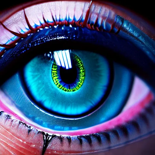 prompthunt: macro photography of a hyper realistic stunning woman cyberpunk blue  eye. black pupil, blue iris, natural skin no make up. studio shot, epic  scale, insanely complex, hyper detailed, sharp focus, hyper