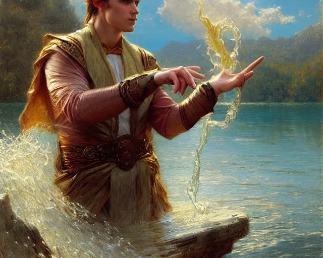 Image similar to attractive male wizard casting powerful wave water spell in a beautiful lake. highly detailed painting by gaston bussiere, craig mullins, j. c. leyendecker 8 k