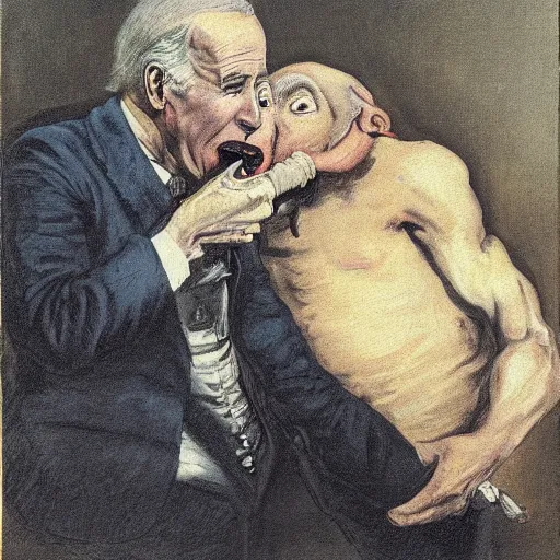 Image similar to painting of Joe Biden devouring Mitch McConnell, by Goya
