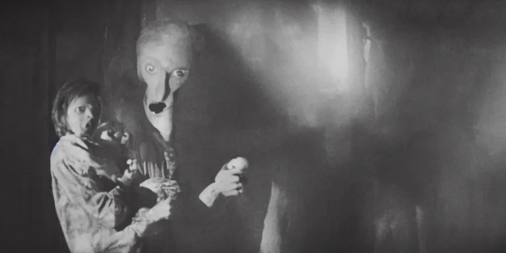 Prompt: film still of a horrid vampiric tall man hiding in a barnyard and clutching a doll, horror movie, eerie, creepy, grainy, dark, amazing lighting, great cinematography