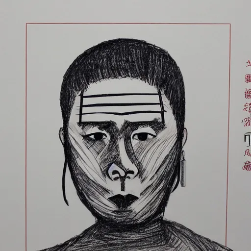 Image similar to ultra precise, asymmetric fineliner drawing of a chinese prisoner. three colour ink marker pen on rainbow spattered glossy paper. bold lines, gallery quality