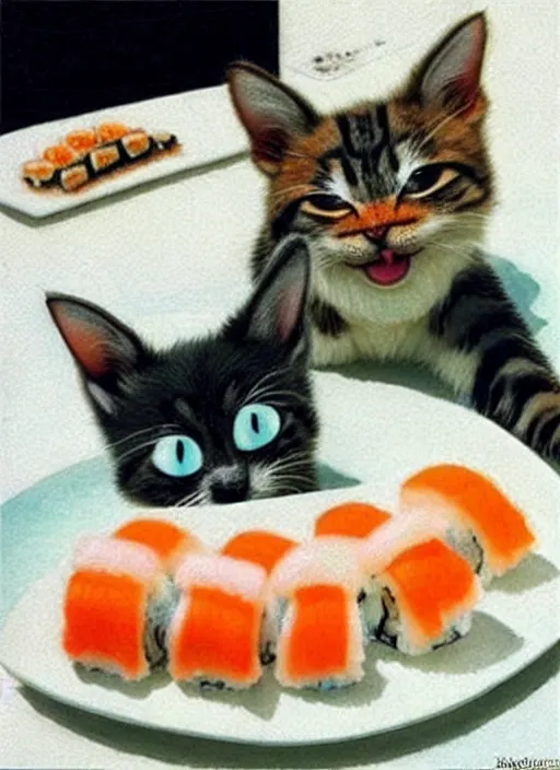 Image similar to clear photorealistic picture of adorable cats made out of sushi