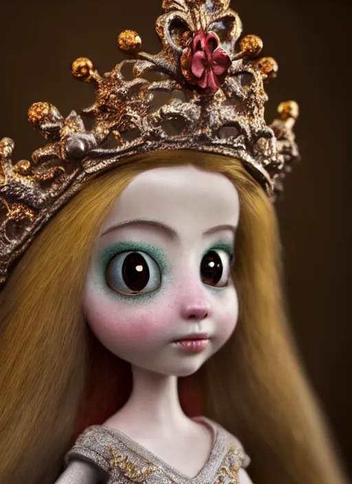 Image similar to highly detailed closeup, profile portrait of a tin toy fairytale princess wearing a crown, unreal engine, nicoletta ceccoli, mark ryden, earl norem, lostfish, global illumination, detailed and intricate environment