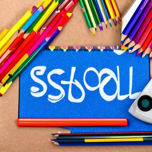 Prompt: back to school with school supplies and equipment, background and poster for back to school, lots of colored pencils along with a pencil sharpener and a ruler, 3 d rendering