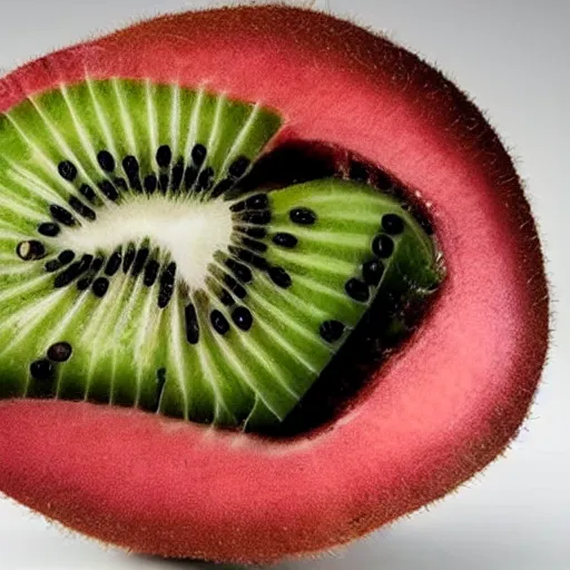 Prompt: a kiwi bird cut in half to reveal a kiwi fruit inside