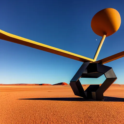 Image similar to flying industrial 3d printer with giant extrusion nozzle in the australian desert, XF IQ4, 150MP, 50mm, F1.4, ISO 200, 1/160s, dawn