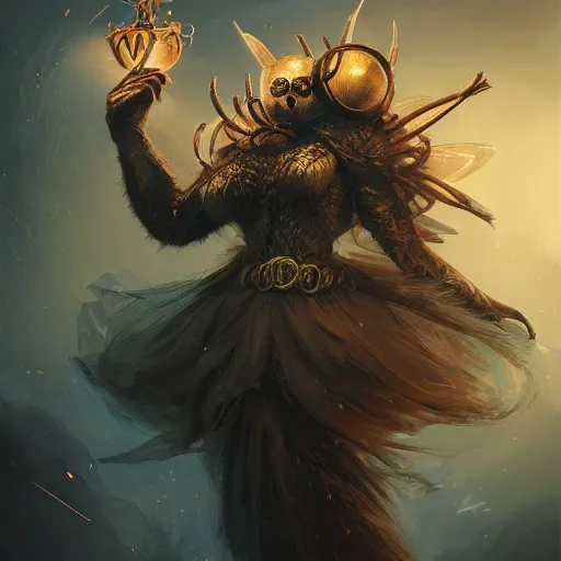 Image similar to Anthropomorphized queen bee, D&D, fantasy, cinematic lighting, highly detailed, digital painting, artstation, concept art, smooth, sharp focus, illustration, warm light, cozy warm tint, magic the gathering artwork, volumetric lighting, 8k, no gold, no gold colours, art by Akihiko Yoshida, Greg Rutkowski