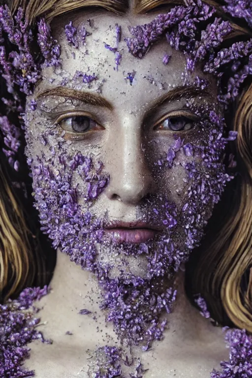 Image similar to hyperrealism close - up mythological portrait of a exquisite medieval woman's shattered face partially made of lavender flowers in style of art deco, wearing silver silk robe, dark palette