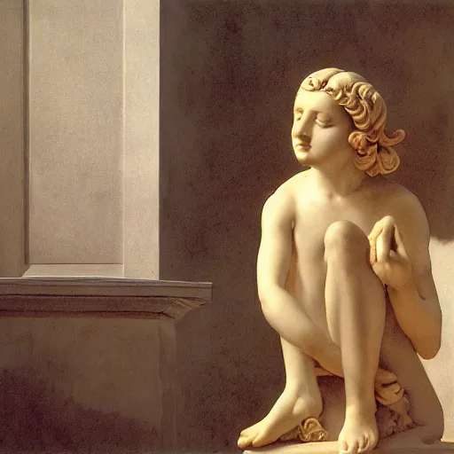 Image similar to close - up of a girl in a temple, film still by wes anderson, depicted by canova, by leon battista alberti, limited color palette, very intricate, art nouveau, highly detailed, lights by hopper, soft pastel colors, minimalist