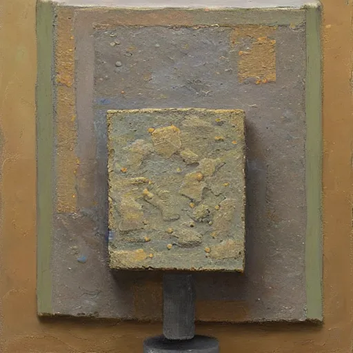 Image similar to an arid impasto painting by shaun tan of an abstract forgotten sculpture by the caretaker and ivan seal