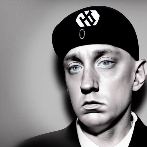 Prompt: award-winning photograph of Eminem as Adolf Hitler, highly detailed, ultra realistic, 8k, cinematic