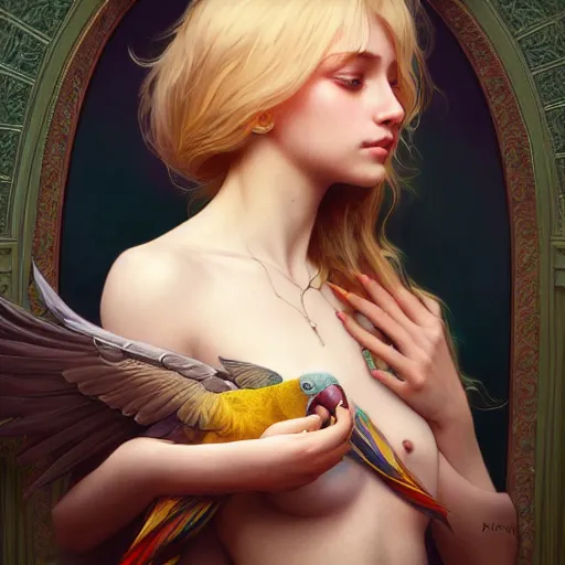 Image similar to portrait of a young blonde e - girl with a parrot, upper body, long hair, intricate, elegant, highly detailed, digital painting, artstation, concept art, matte, sharp focus, illustration, art by artgerm and greg rutkowski and alphonse mucha