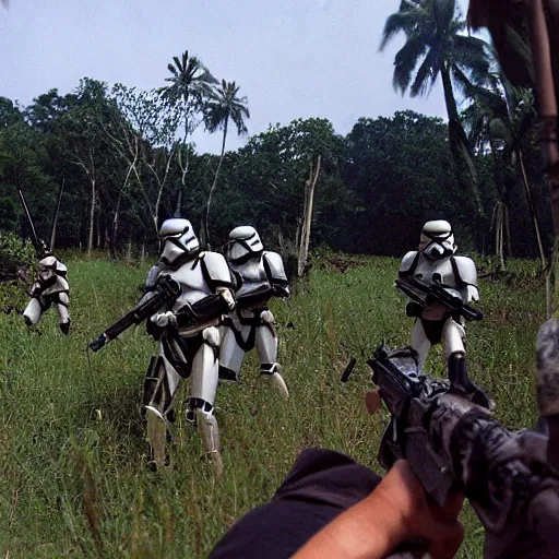 Image similar to star wars clone troopers combat soldiers in vietnam, photo, old picture, lush landscape, jungle, firearms, explosions, helicopters, aerial combat, active battle zone, flamethrower, air support, jedi, land mines, gunfire, violent, star destroyers, star wars lasers, sci - fi, jetpacks, agent orange, bomber planes, smoke, trench warfare