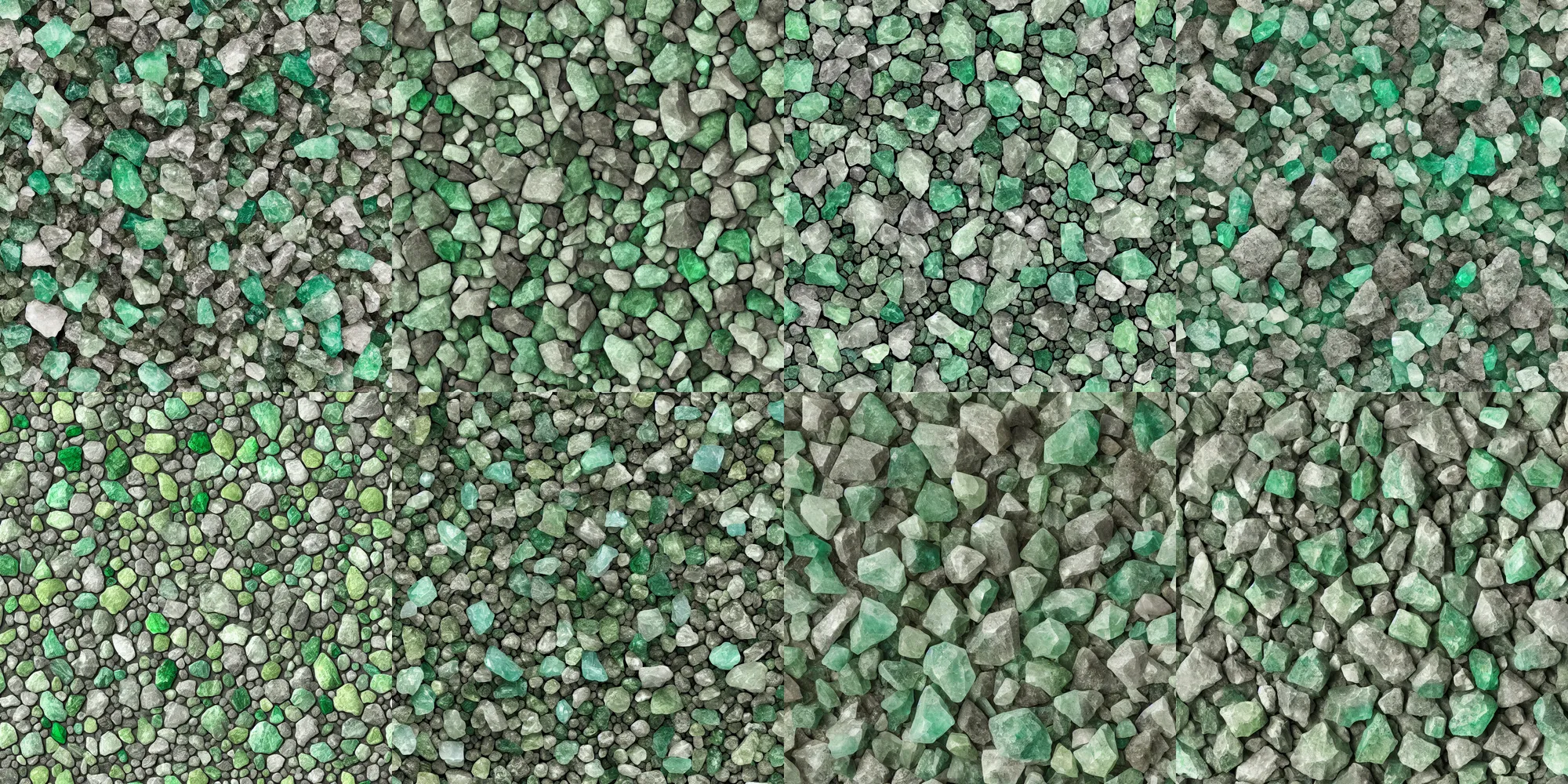 Prompt: long green gemstone crystals and rocky gems, detailed ground terrain albedo texture, flat, 2 d texture, seamless