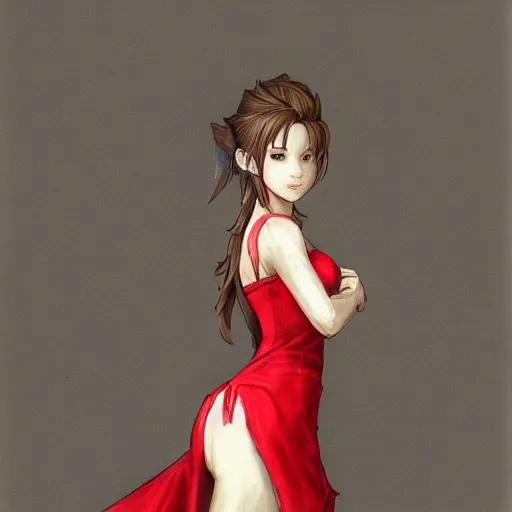 Image similar to concept art of aerith gainsborough in wall market red dress, highly detailed, trending on artstation