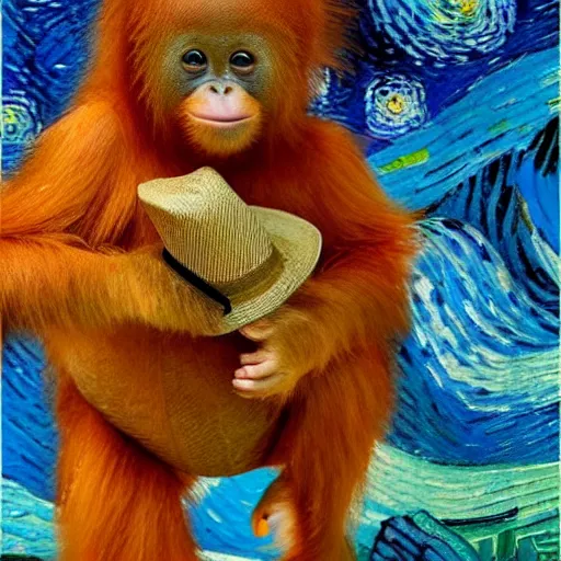 Image similar to a van gogh painting of a baby orangutan wearing a top hat, 4 k, hyper realistic, dslr, landscape, high resolution