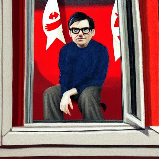 Image similar to An Oil Painting of Rivers Cuomo in a sweater with long hair and a mustache sweating bullets as he looks outside his window in his apartment to see kim jong un's nukes falling onto the city, hyperrealistic, extremely realistic, highly realistic, HD Quality, 4k resolution, 8k resolution, Detailed, Very Detailed, Highly Detailed, Extremely Detailed, Intricate Details, Real, Very Real, Oil Painting, Digital Painting, Painting, Trending on Deviantart, Trending on Artstation