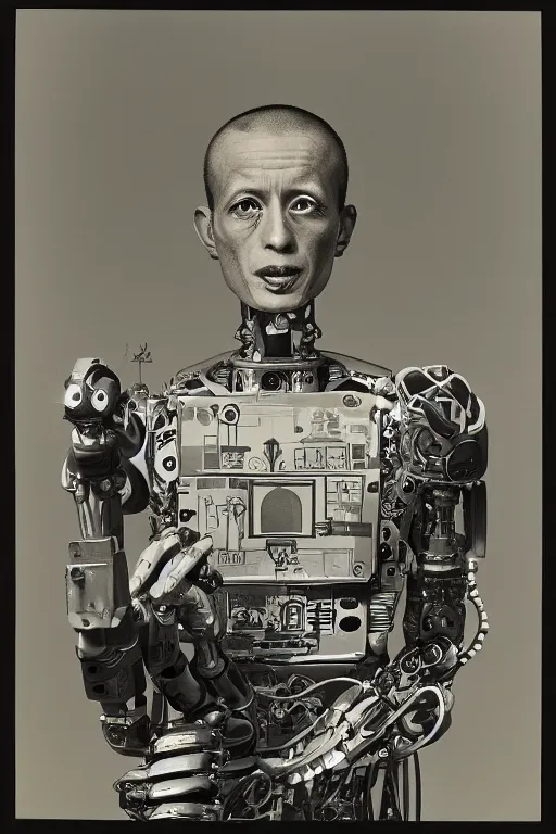 Prompt: robot monk painting a self - portrait on a canvas. intricate, highly detailed, photorealistic, film still, by richard avedon.