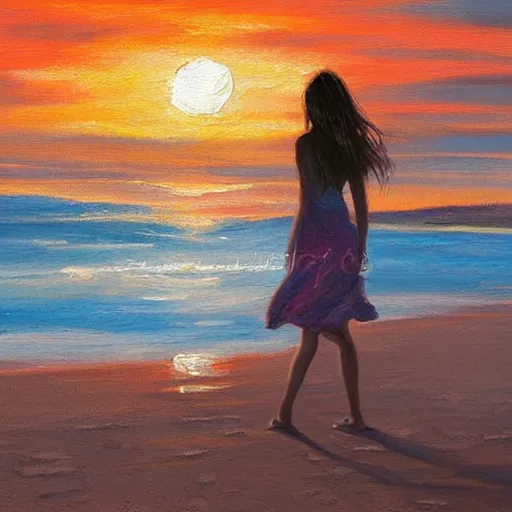 Image similar to lonely young woman wandering a beach at sunset, stylized, oil painting, warm lighting, city skyline