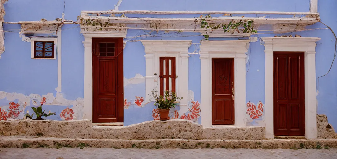 Image similar to colonial house in greece with multicolored portuguese tiles. photographed by wes anderson. fujinon premista 1 9 - 4 5 mm t 2. 9. portra 8 0 0.