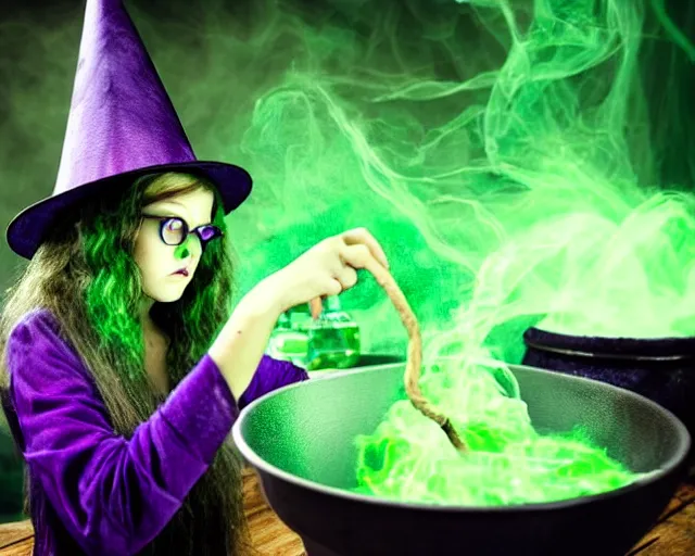 Prompt: close up portrait, spooky teen witch mixing a spell in a cauldron, a cat is on the table, wispy green and purple smoke fills the air, a witch hat, cinematic, green glowing smoke is coming out of the cauldron, strange ingredients on the table, strange apothecary shelves in the background, scary stories to tell in the dark