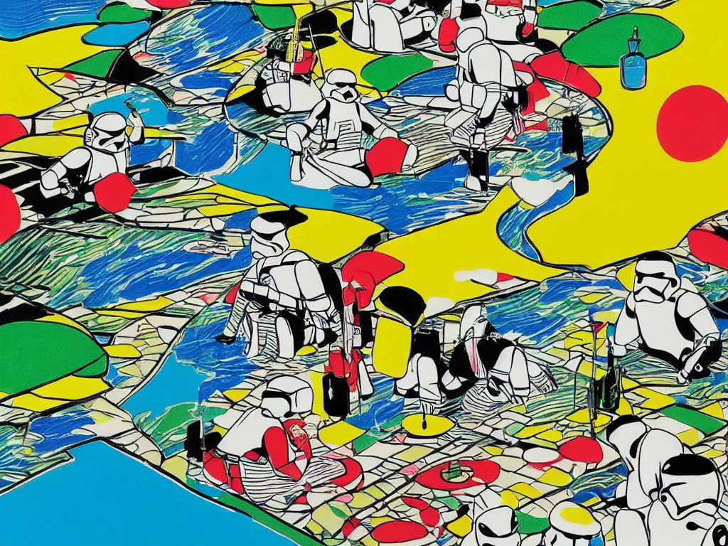 Image similar to close - up image of a japanese house with a pond, stormtroopers sitting around it, in style of pop - art, andy warhol, roy lichtenstein, jackie tsai, bright palette, acrylic on canvas