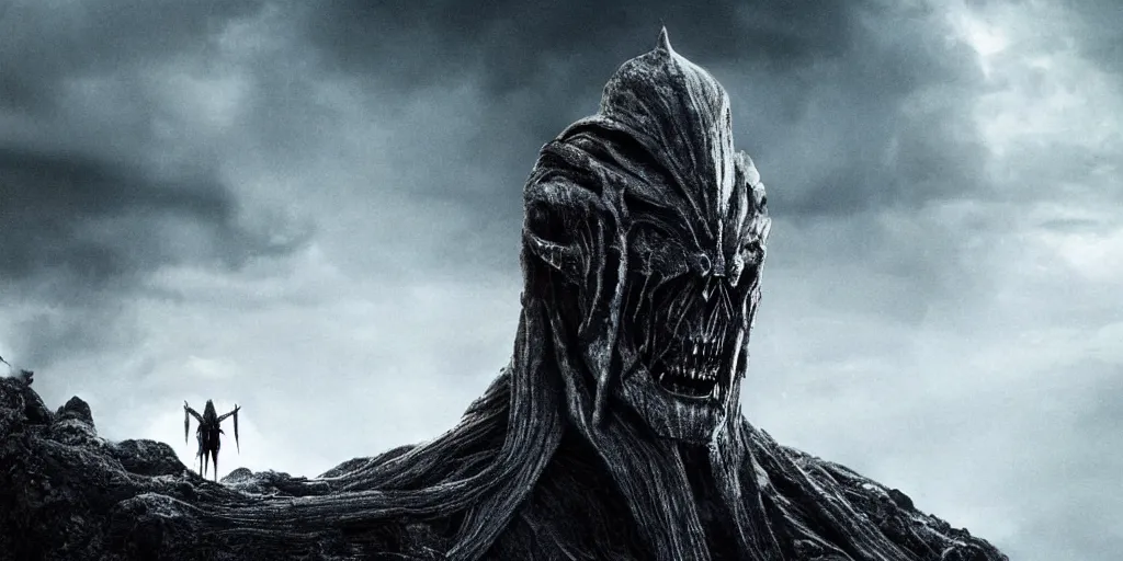 Image similar to lord of the rings movie still, directed by ridley scott in the style of h. r. giger, a black rider ring wraith perched on the edge of a cliff, dark environment, cinematic, cinemascope