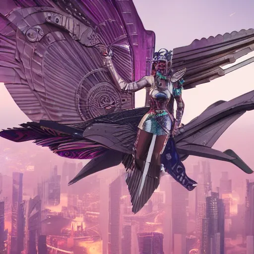 Prompt: cyberpunk valkyrie flying above cityscape, metal wings, pink and silver armor, Alphonse Mucha, tarot card, high detail, octane render,
