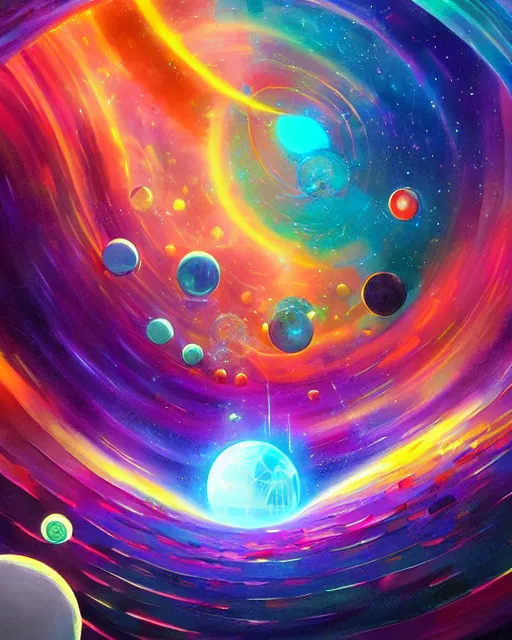 Image similar to multiverse painting, colorful, scifi, experimental, spheres. portals, black holes, wormholes, rays of light, highly detailed, cheerful, by studio ghibli, kun vic, masterpiece, award winning